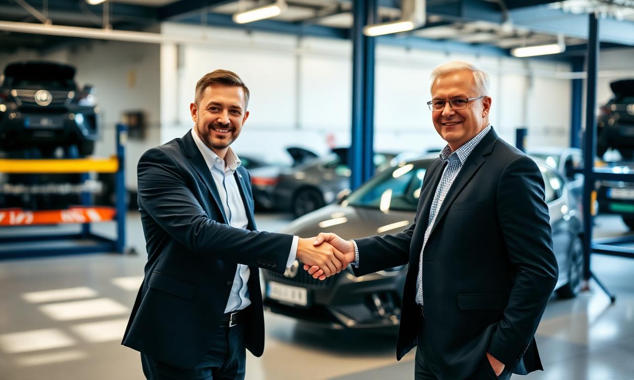 Two business professionals shaking hands inside a modern UK car garage workshop after completing a business acquisition