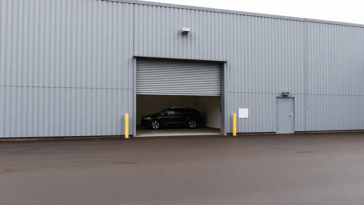 Grey industrial unit with an open roller shutter door and a car inside, typical leasehold garage premises