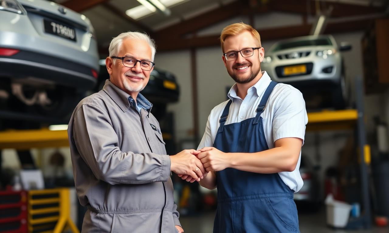 Senior UK garage owner handing over keys to a younger successor inside a tidy automotive workshop