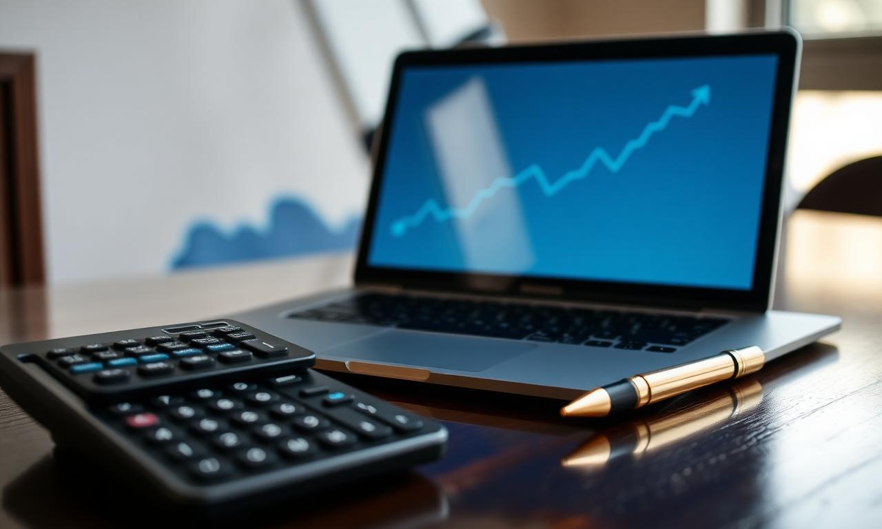 Business valuation report with financial charts, calculator and laptop showing rising profit graphs on a wooden desk